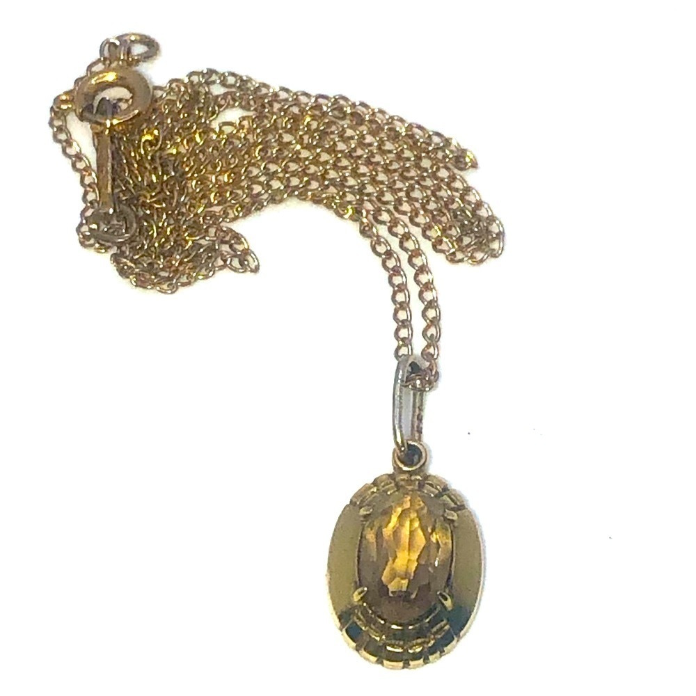 VTG K&L Citrine Rolled Gold Pendant w Coro Gold Filled Chain 15” + .7” Pendant